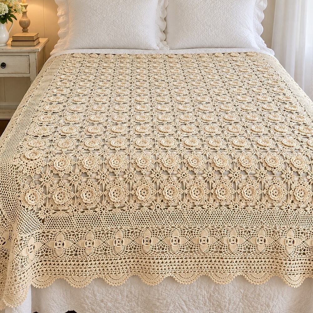 Vintage Crochet Lace Bed Coverlet Topper 64x85 Raised Roses Full Twin Cottage